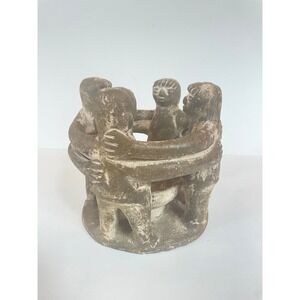 Vintage Clay Pottery Circle of Friends 4 Figure Candle Holder 7"